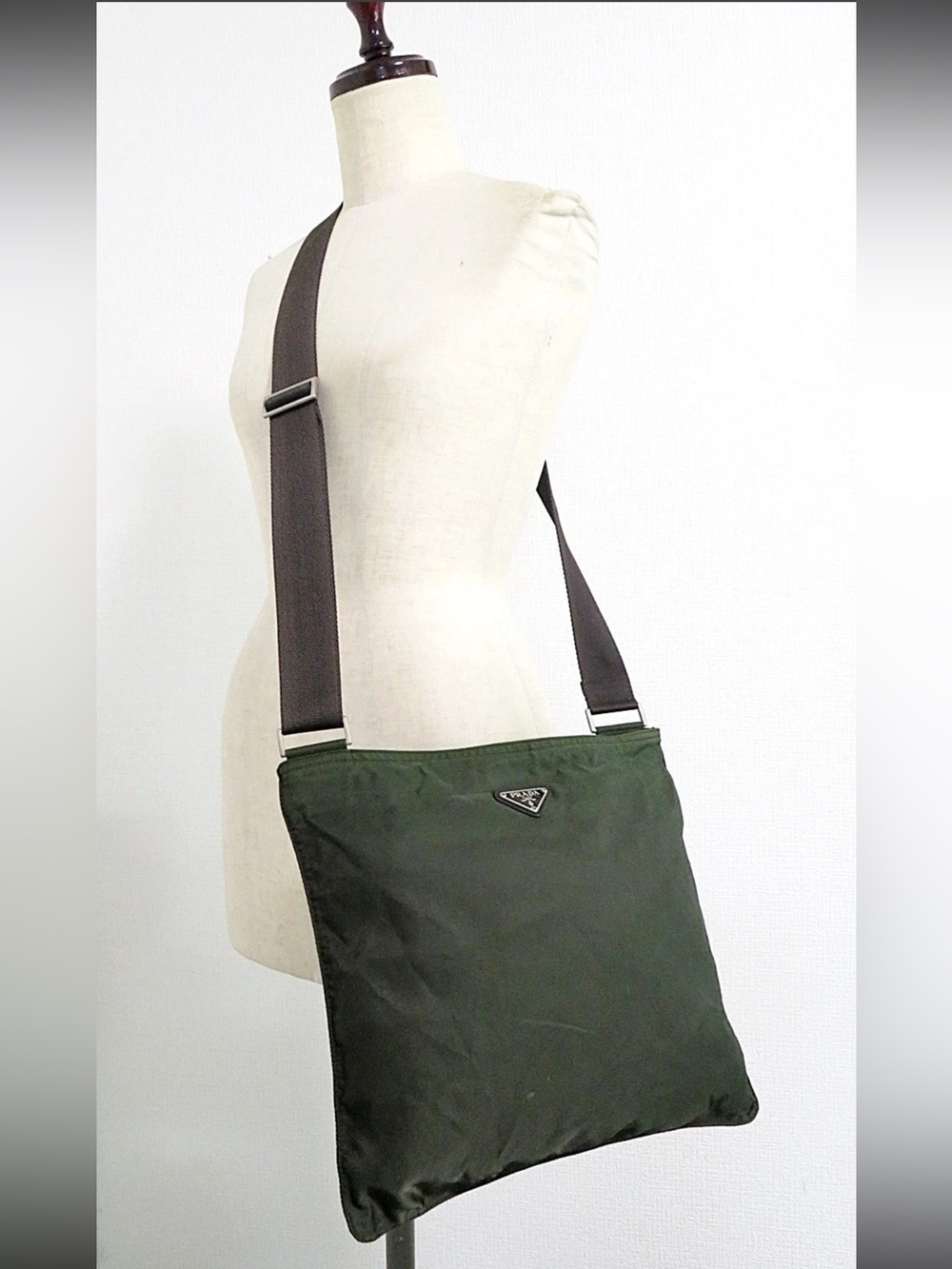 Prada Olive Green Nylon Crossbody Messenger Bag with Brown Strap